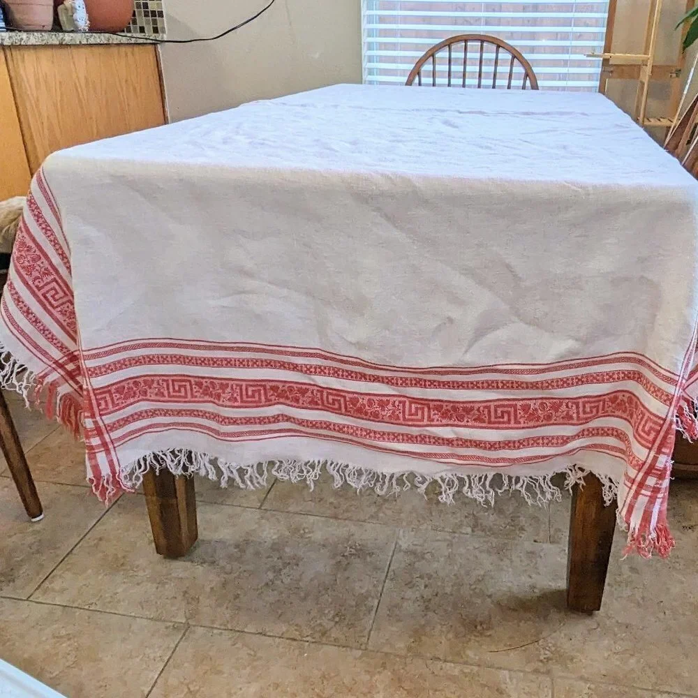 White & Red Linen Fringe Vintage Tablecloth